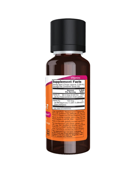 Vitamina D3 y K2 MK-7 líquida (2500ui / 100mcg) - 30ml - Now Foods