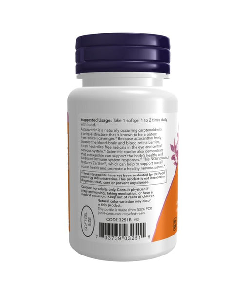 Astaxanthin 4mg lateral - 60 Cápsulas - Now Foods - naturvida.pt