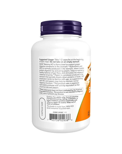 Betaine HCI 648mg lateral - 120 Cápsulas - Now Foods - naturvida.pt