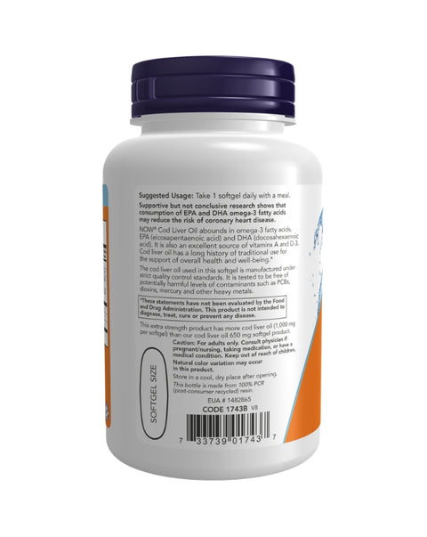 Cod Liver Oil Extra Strength 1000mg - 90 Cápsulas - Now Foods