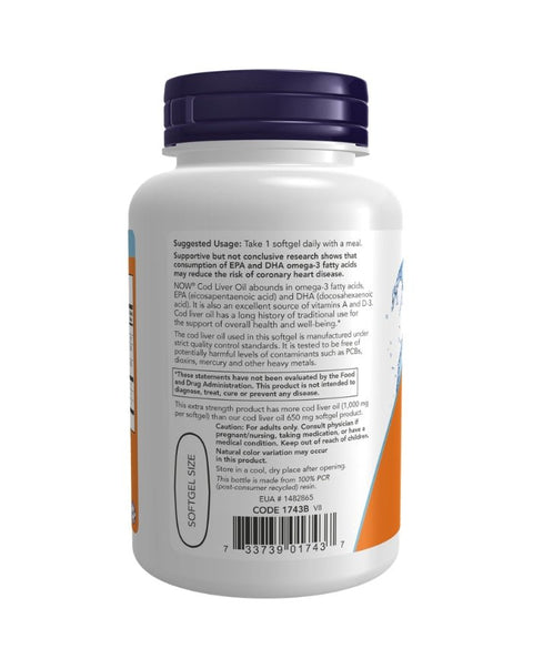 Cod Liver Oil Extra Strength 1000mg lateral - 90 Cápsulas - Now Foods - naturvida.pt