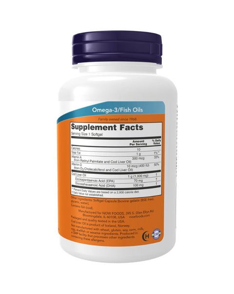 Cod Liver Oil Extra Strength 1000mg atras - 90 Cápsulas - Now Foods - naturvida.pt