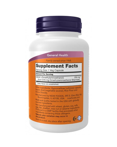 DMAE 250mg - 100 Cápsulas - Now Foods - naturvida.pt