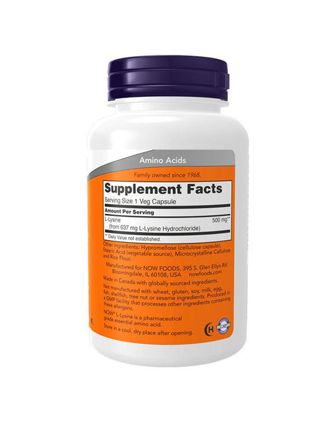 L-Lysine 500mg - 100 Cápsulas - Now Foods - naturvida.pt