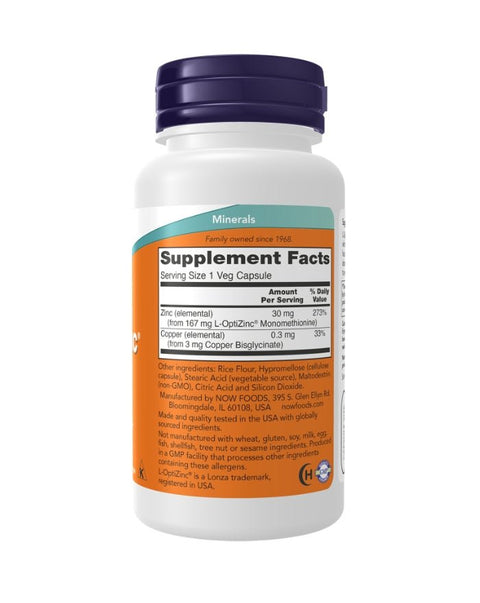 L - Optizinc + Copper (Zinco + Cobre) 30mg - 100 Cápsulas - Now Foods - naturvida.pt