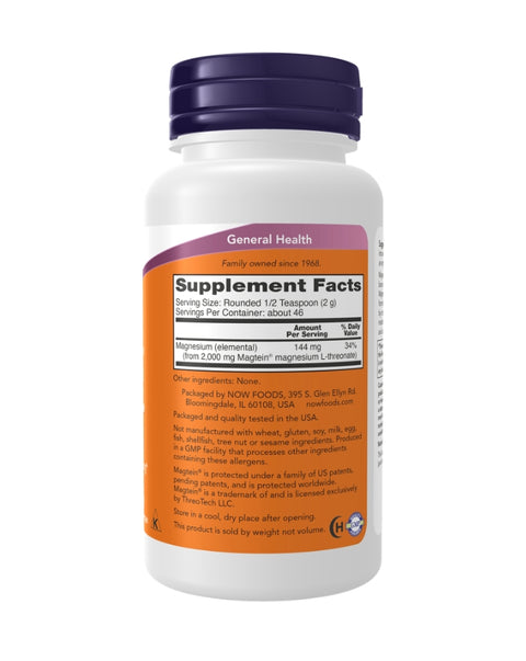Magnésio Treonato Magtein® em pó - 91 grs - Now Foods