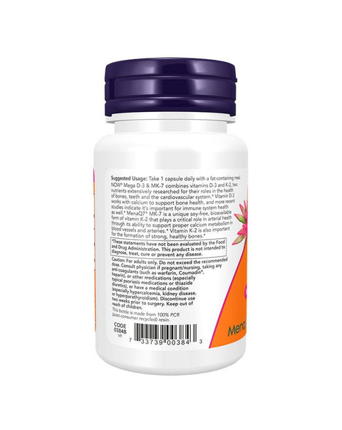 Mega Vitamina D3 5000ui & MK - 7 180mcg - 120 Cápsulas - Now Foods - naturvida.pt