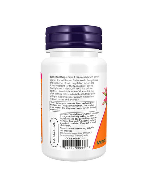 MK - 7 Vitamina K2 100mcg - 60 Cápsulas - Now Foods - naturvida.pt