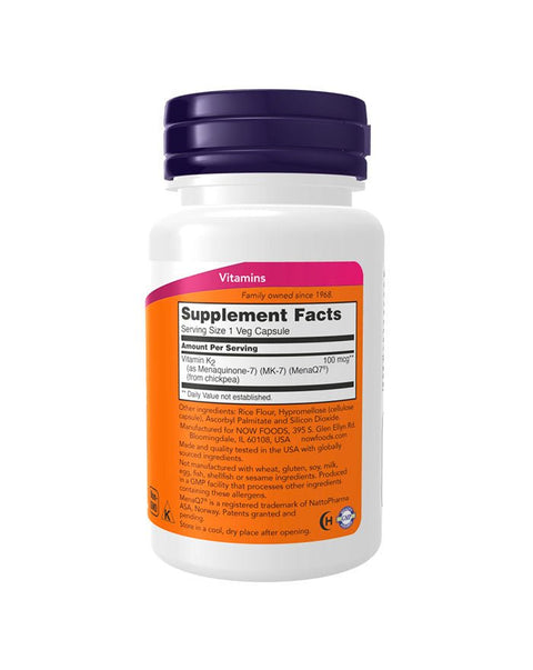 MK - 7 Vitamina K2 100mcg - 60 Cápsulas - Now Foods - naturvida.pt