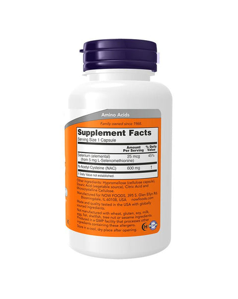 NAC N - Acetilcisteina 600mg atras - 100 Cápsulas - Now Foods - naturvida.pt