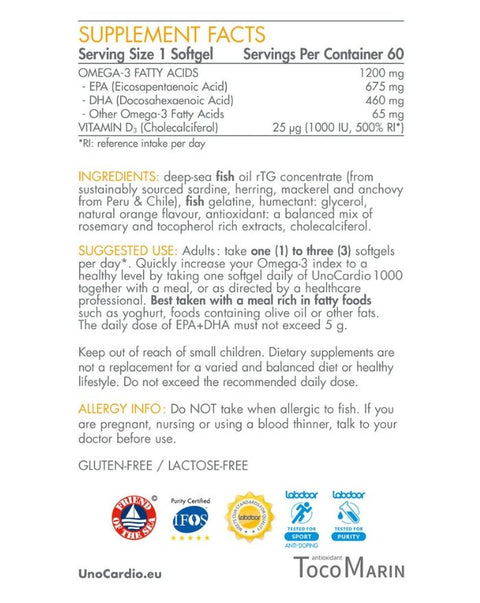 UnoCardio 1000 (1200mg Ómega 3 + Vit D3) - 60 Cápsulas - WHC Labs - naturvida.pt