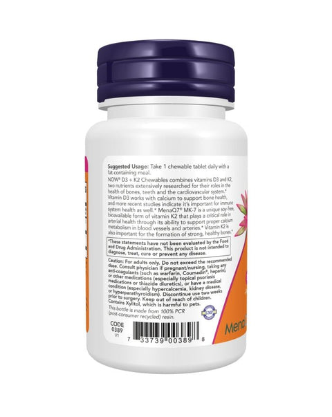 Vitamina D3 5000ui & K2 90mcg - 90 Comprimidos Mastigáveis - Now Foods - naturvida.pt