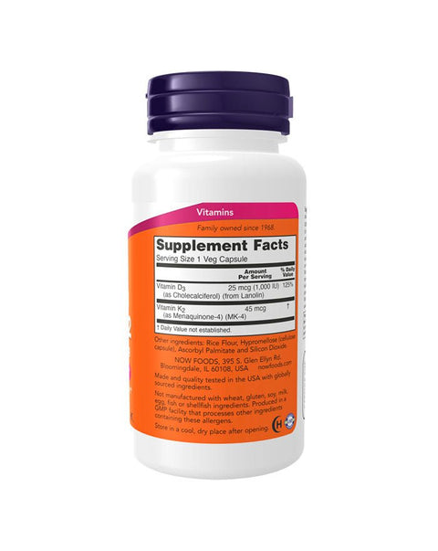Vitamina D3 & K2 (1000ui / 45ug) - 120 Cápsulas - Now Foods - naturvida.pt