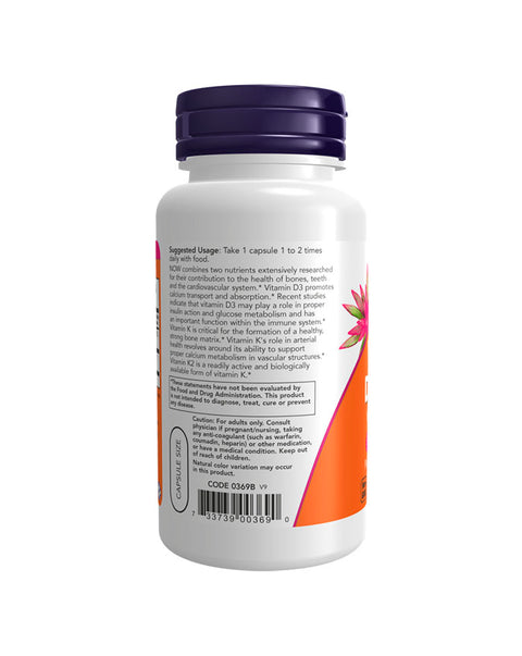 Vitamina D3 y K2 (1000ui / 45ug) - 120 Cápsulas - Now Foods