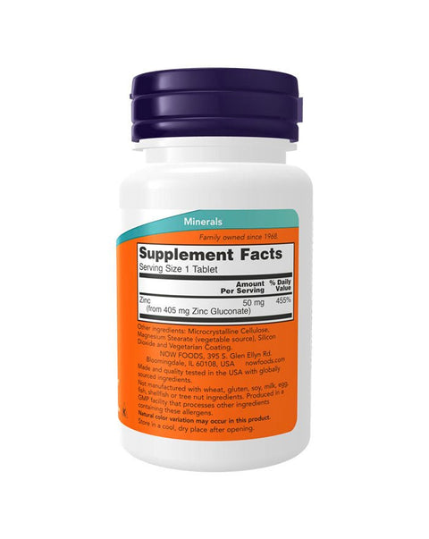 Zinc Gluconate 50mg - 100 Comprimidos - Now Foods - naturvida.pt
